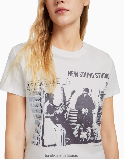 Bershka femei tricou obișnuit cu imprimeu grafic aproape alb Z86D503 îmbrăcăminte