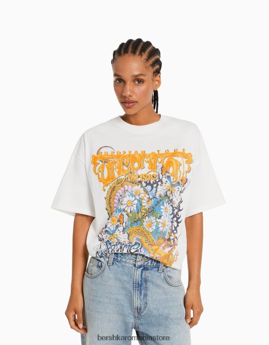 Bershka femei tricou oversize imprimat cu maneca scurta cremă Z86D362 îmbrăcăminte