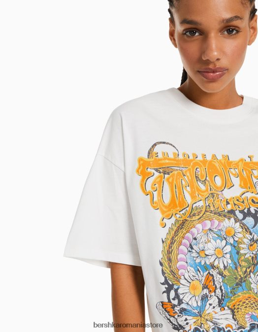 Bershka femei tricou oversize imprimat cu maneca scurta cremă Z86D362 îmbrăcăminte