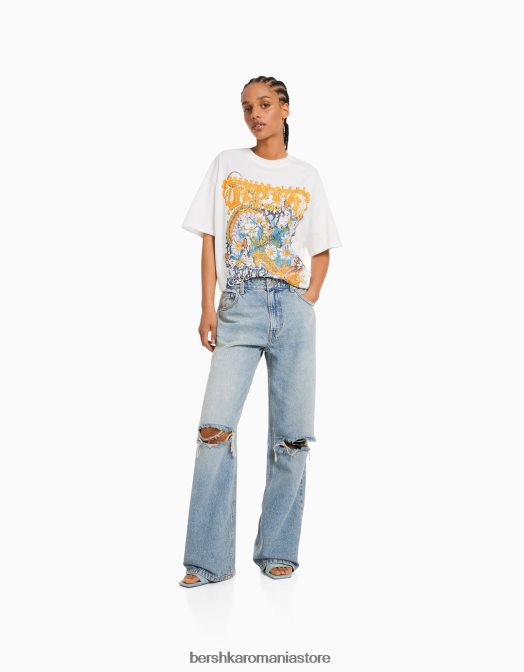 Bershka femei tricou oversize imprimat cu maneca scurta cremă Z86D362 îmbrăcăminte