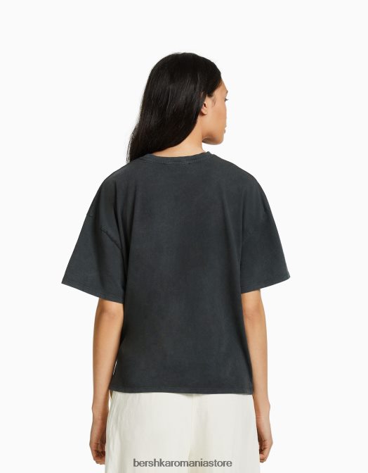 Bershka femei tricou oversize imprimat cu maneca scurta gri Z86D430 îmbrăcăminte