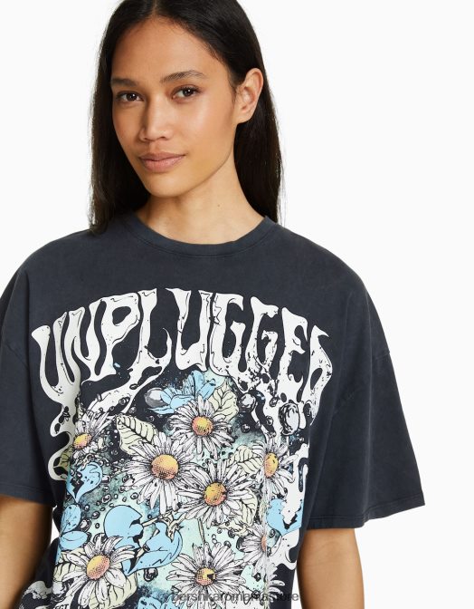 Bershka femei tricou oversize imprimat cu maneca scurta gri Z86D430 îmbrăcăminte