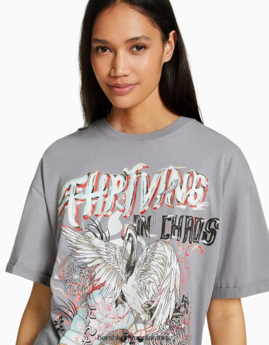 Bershka femei tricou oversize imprimat cu maneca scurta gri inchis Z86D431 îmbrăcăminte