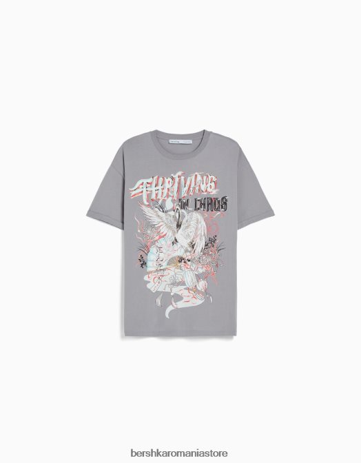 Bershka femei tricou oversize imprimat cu maneca scurta gri inchis Z86D431 îmbrăcăminte