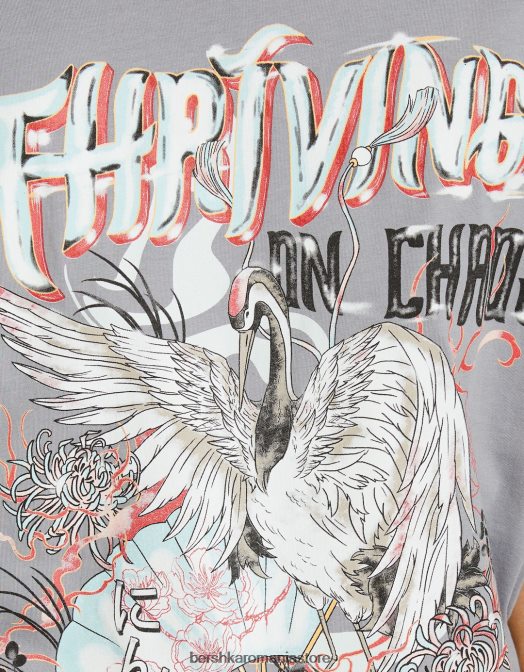 Bershka femei tricou oversize imprimat cu maneca scurta gri inchis Z86D431 îmbrăcăminte