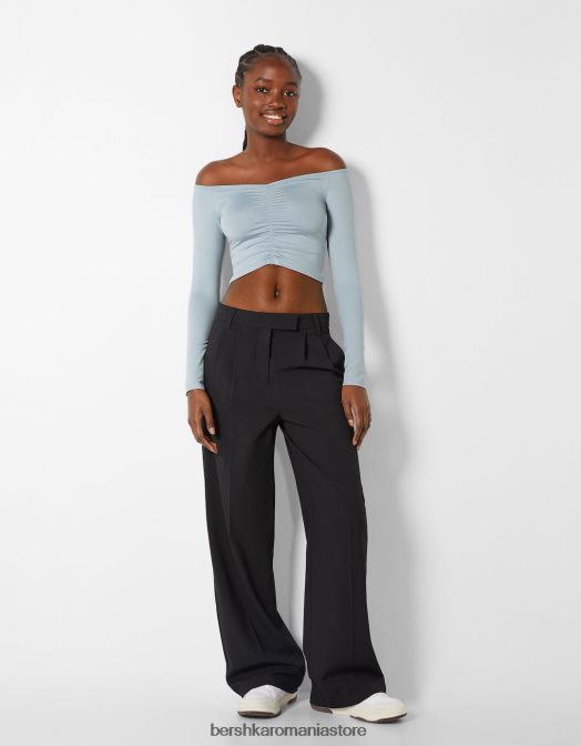 Bershka femei tricou peste umeri cu maneca lunga, cu detaliu incrustat albastru deschis Z86D566 îmbrăcăminte