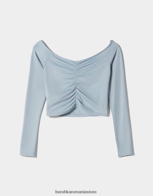 Bershka femei tricou peste umeri cu maneca lunga, cu detaliu incrustat albastru deschis Z86D566 îmbrăcăminte