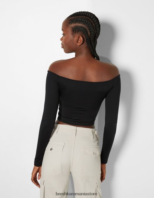 Bershka femei tricou peste umeri cu maneca lunga, cu detaliu incrustat negru Z86D565 îmbrăcăminte