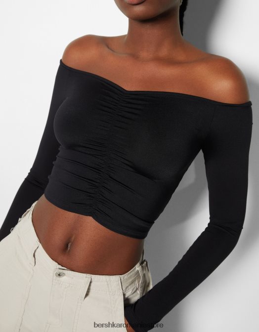 Bershka femei tricou peste umeri cu maneca lunga, cu detaliu incrustat negru Z86D565 îmbrăcăminte