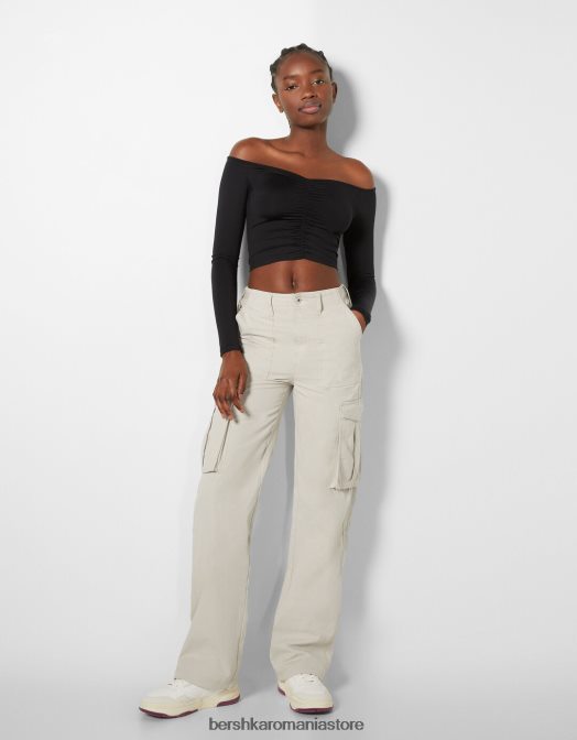 Bershka femei tricou peste umeri cu maneca lunga, cu detaliu incrustat negru Z86D565 îmbrăcăminte