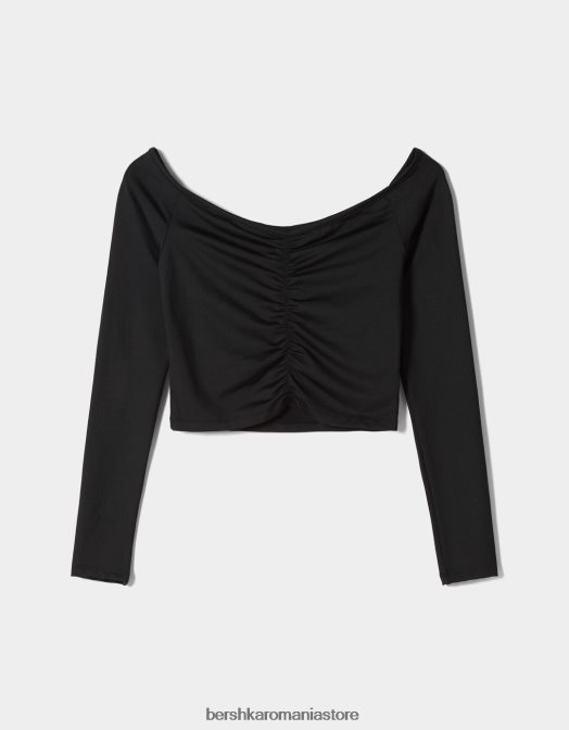 Bershka femei tricou peste umeri cu maneca lunga, cu detaliu incrustat negru Z86D565 îmbrăcăminte