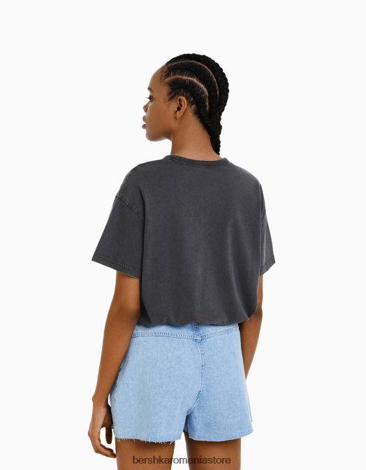 Bershka femei tricou supradimensionat cu maneca scurta gri Z86D323 îmbrăcăminte