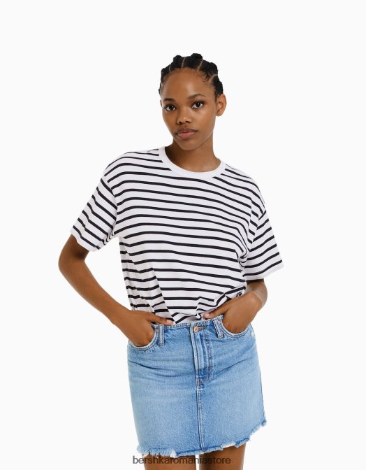 Bershka femei tricou supradimensionat cu maneca scurta marina Z86D320 îmbrăcăminte
