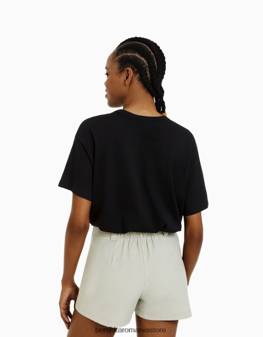Bershka femei tricou supradimensionat cu maneca scurta negru Z86D324 îmbrăcăminte