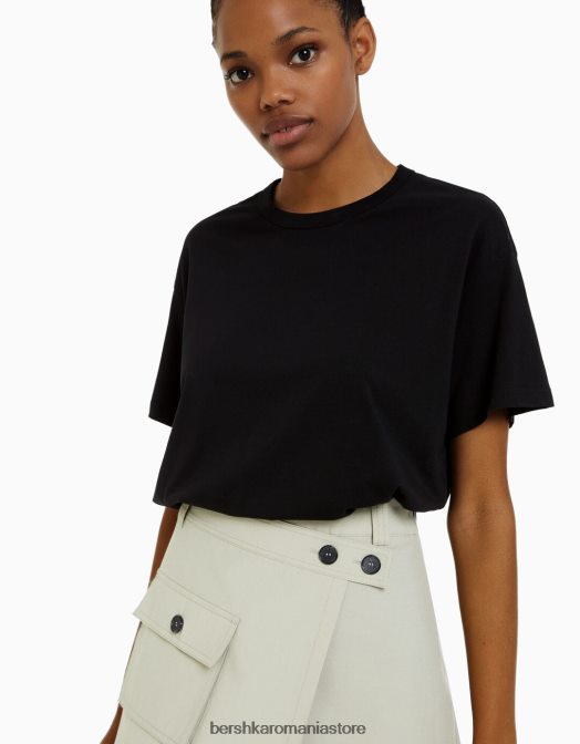 Bershka femei tricou supradimensionat cu maneca scurta negru Z86D324 îmbrăcăminte