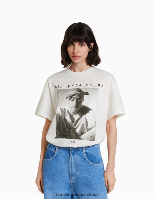 Bershka femei tricou tupac cu mânecă scurtă, cu croială normală aproape alb Z86D339 îmbrăcăminte