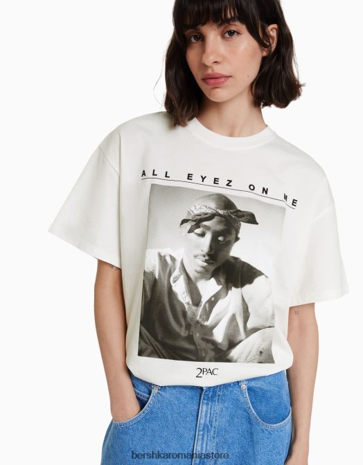 Bershka femei tricou tupac cu mânecă scurtă, cu croială normală aproape alb Z86D339 îmbrăcăminte