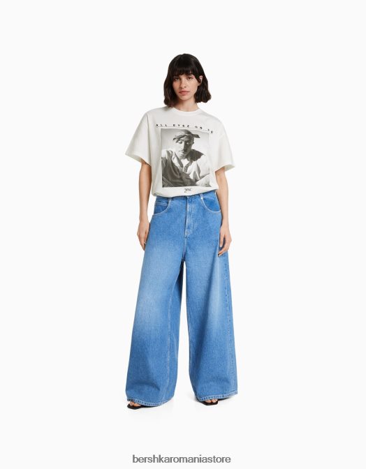 Bershka femei tricou tupac cu mânecă scurtă, cu croială normală aproape alb Z86D339 îmbrăcăminte