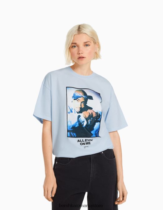 Bershka femei tricou tupac cu maneca scurta albastru deschis Z86D340 îmbrăcăminte