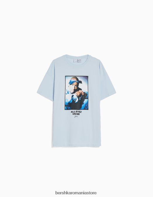 Bershka femei tricou tupac cu maneca scurta albastru deschis Z86D340 îmbrăcăminte