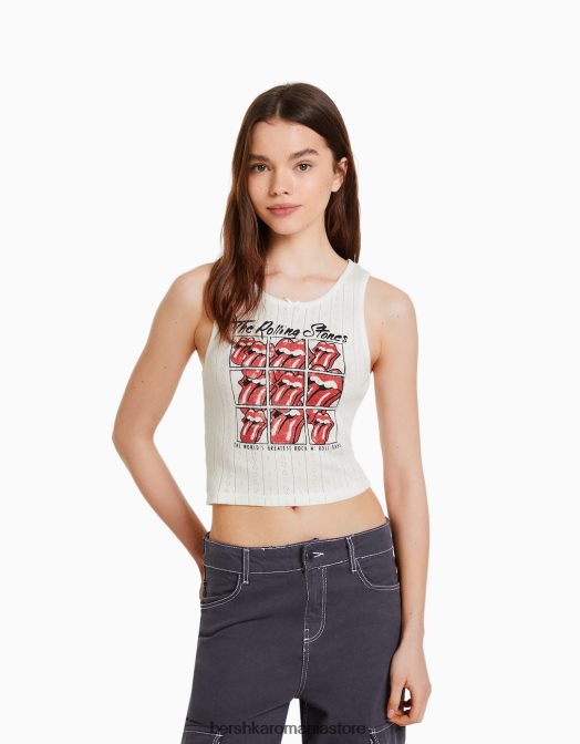 Bershka femei tricoul din tricot pointelle fără mâneci cu imprimeu Rolling Stones alb Z86D628 îmbrăcăminte