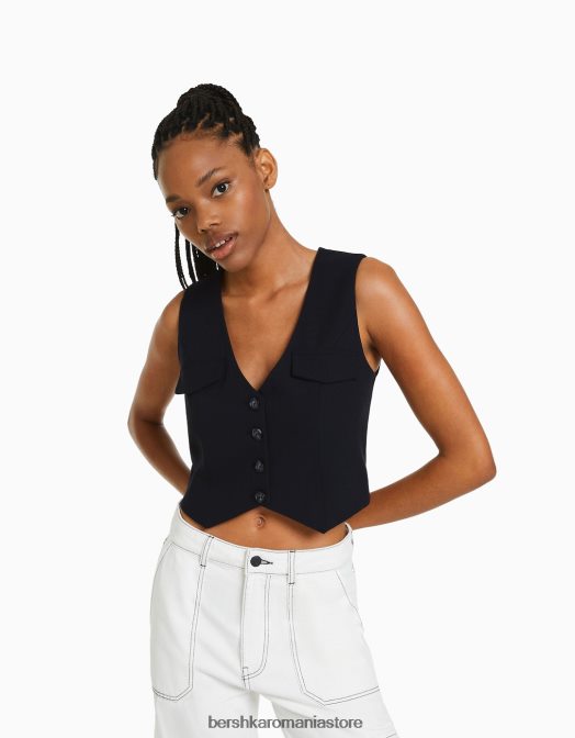 Bershka femei vestă croită cu nasturi albastru inchis Z86D1197 îmbrăcăminte