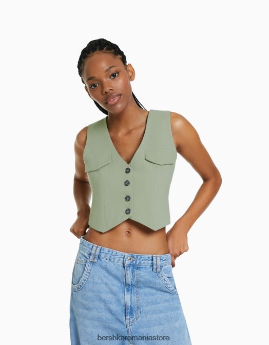 Bershka femei vestă croită cu nasturi kaki Z86D1196 îmbrăcăminte