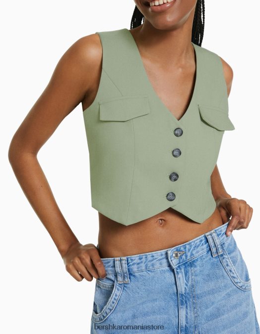 Bershka femei vestă croită cu nasturi kaki Z86D1196 îmbrăcăminte