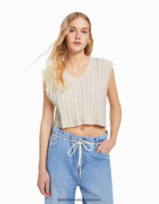 Bershka femei vestă din tricot cu decolteu în V cremă Z86D1052 îmbrăcăminte