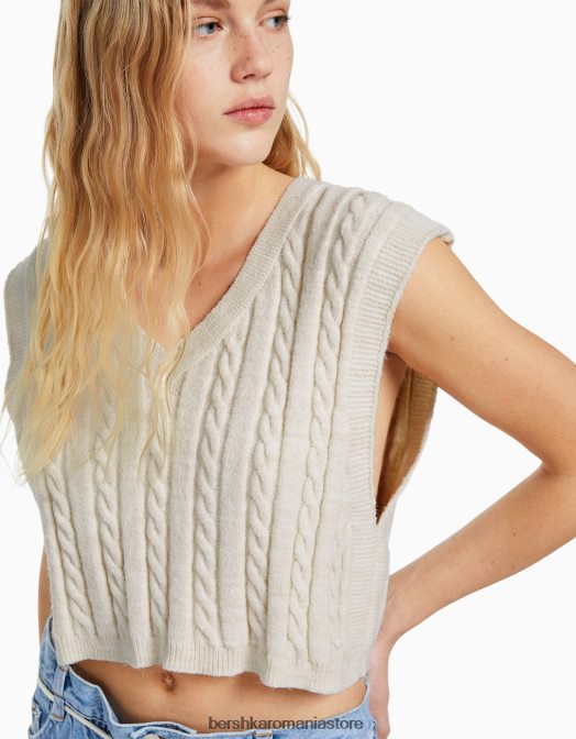 Bershka femei vestă din tricot cu decolteu în V cremă Z86D1052 îmbrăcăminte