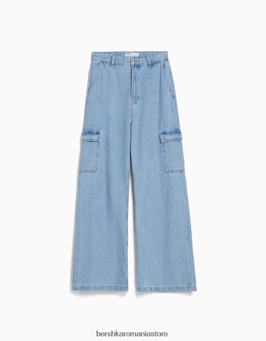 Bershka unisex blugi cargo cu picioare largi albastru deschis Z86D3999 îmbrăcăminte