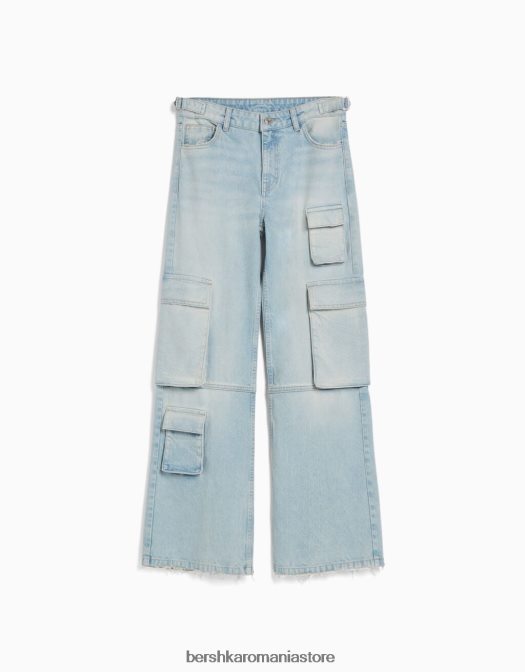 Bershka unisex blugi cargo decolorați cu buzunare multiple albastru deschis Z86D3915 îmbrăcăminte