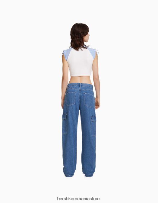 Bershka unisex blugi cargo drepte albastru Z86D3992 îmbrăcăminte