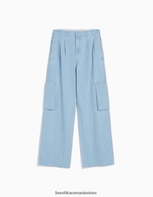 Bershka unisex blugi cargo plisați albastru deschis Z86D3933 îmbrăcăminte