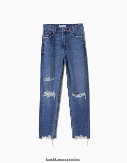 Bershka unisex blugi mom rupti albastru Z86D3948 îmbrăcăminte