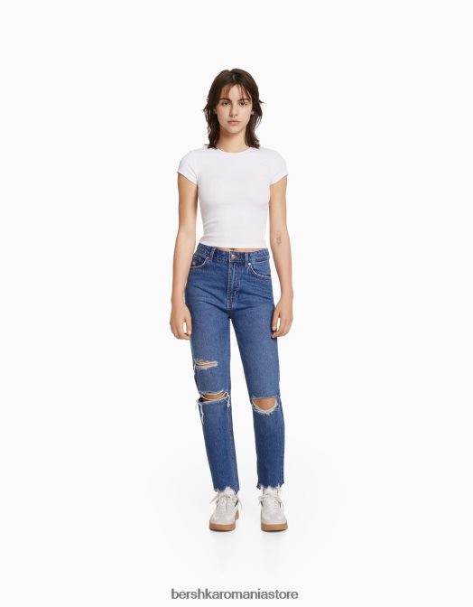 Bershka unisex blugi mom rupti albastru Z86D3951 îmbrăcăminte