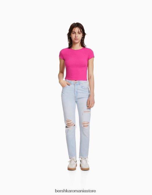 Bershka unisex blugi mom rupti albastru deschis Z86D3949 îmbrăcăminte