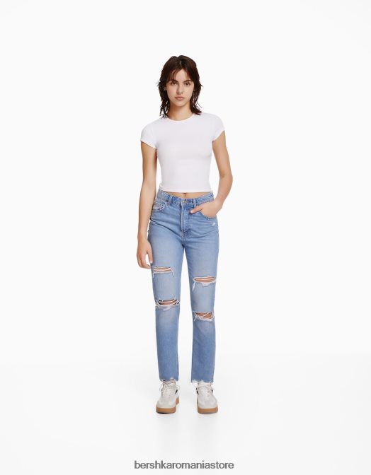 Bershka unisex blugi mom rupti albastru deschis Z86D3950 îmbrăcăminte