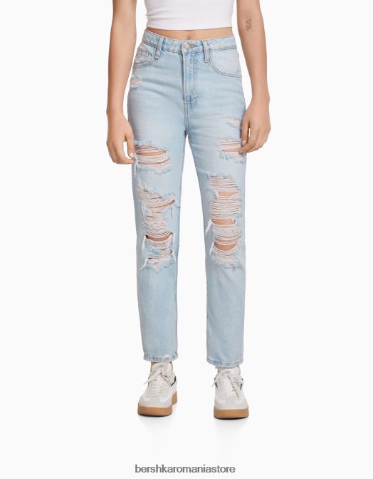 Bershka unisex blugi mom rupti albastru deschis Z86D3984 îmbrăcăminte