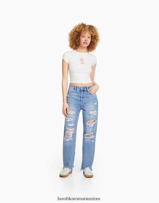 Bershka unisex blugi mom rupti tăiați, cu picioare drepte albastru deschis Z86D3961 îmbrăcăminte