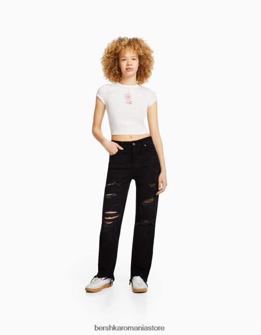 Bershka unisex blugi mom rupti tăiați, cu picioare drepte negru Z86D3963 îmbrăcăminte