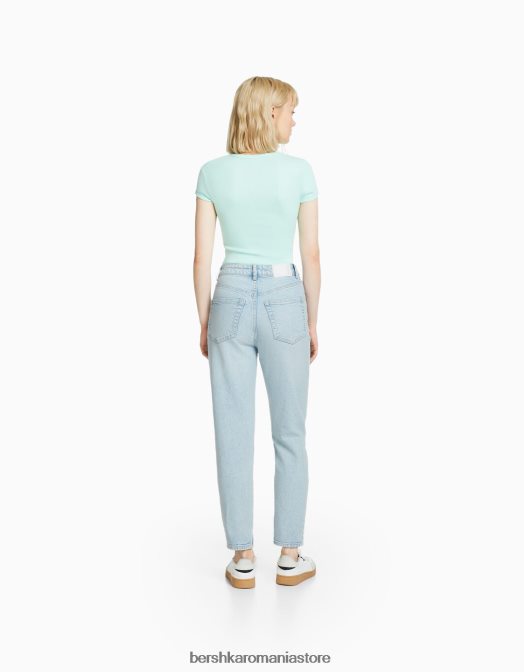 Bershka unisex blugi mom slim comfort fit albastru deschis Z86D3919 îmbrăcăminte