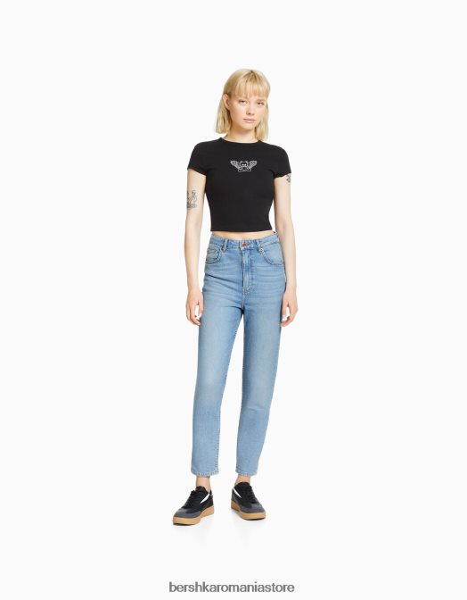 Bershka unisex blugi mom slim comfort fit albastru deschis Z86D3920 îmbrăcăminte