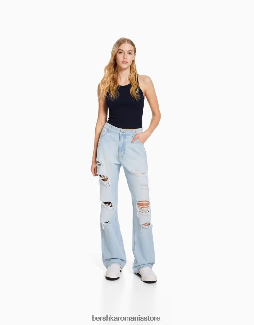 Bershka unisex blugi rupti cu picioare largi din anii '90 albastru deschis Z86D3983 îmbrăcăminte