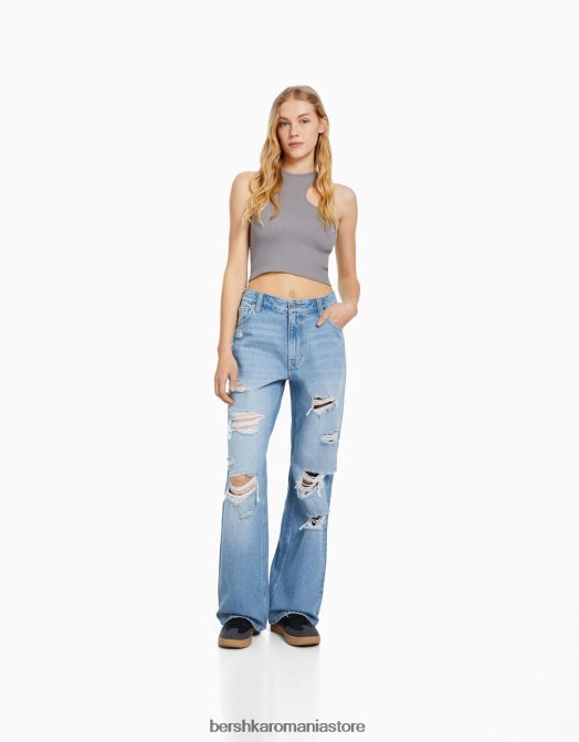 Bershka unisex blugi rupti cu picioare largi din anii '90 albastru deschis Z86D3985 îmbrăcăminte