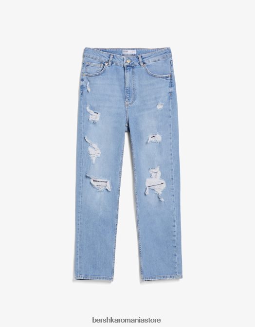 Bershka unisex blugi rupti relax fit mom fit albastru deschis Z86D3959 îmbrăcăminte