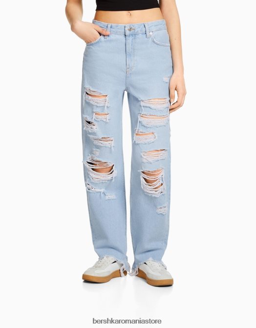 Bershka unisex blugi rupti tăiați cu picioare drepte albastru deschis Z86D3962 îmbrăcăminte