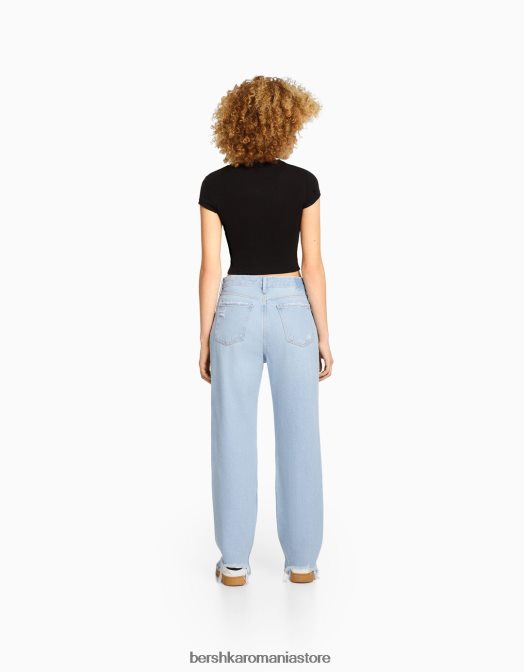 Bershka unisex blugi rupti tăiați cu picioare drepte albastru deschis Z86D3962 îmbrăcăminte