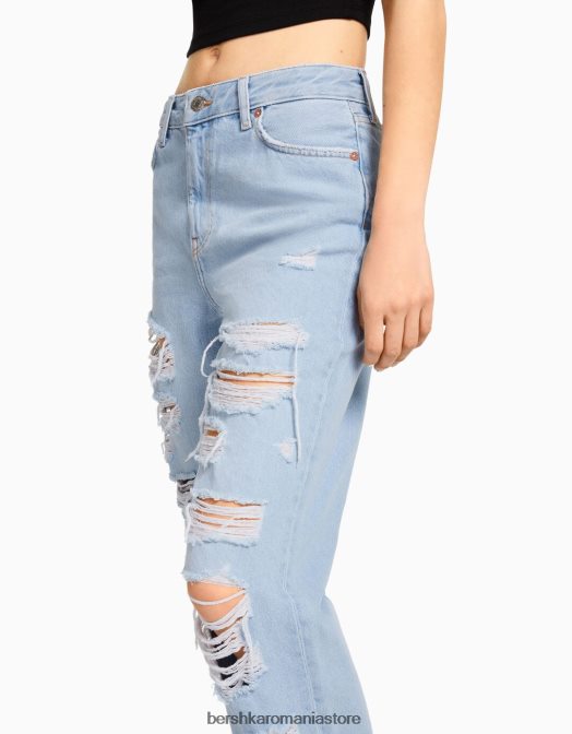 Bershka unisex blugi rupti tăiați cu picioare drepte albastru deschis Z86D3962 îmbrăcăminte