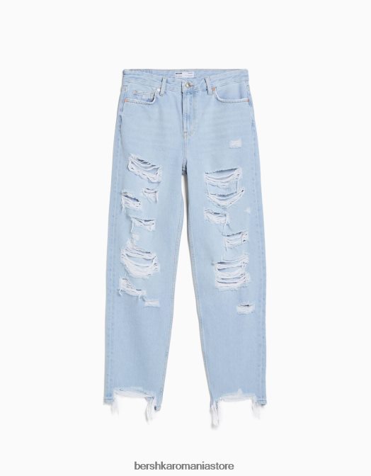 Bershka unisex blugi rupti tăiați cu picioare drepte albastru deschis Z86D3962 îmbrăcăminte